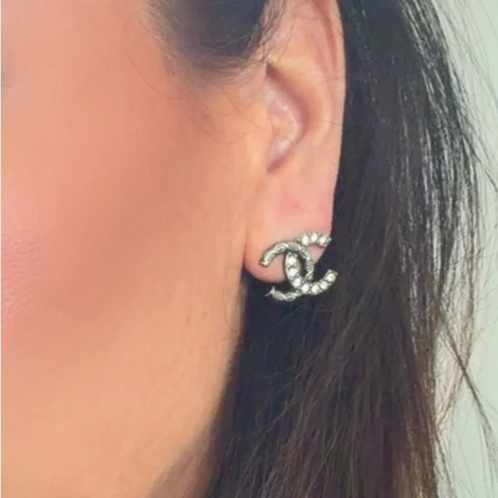 CHANEL Silver & Crystal CC Earrings - Picture 8 of 9